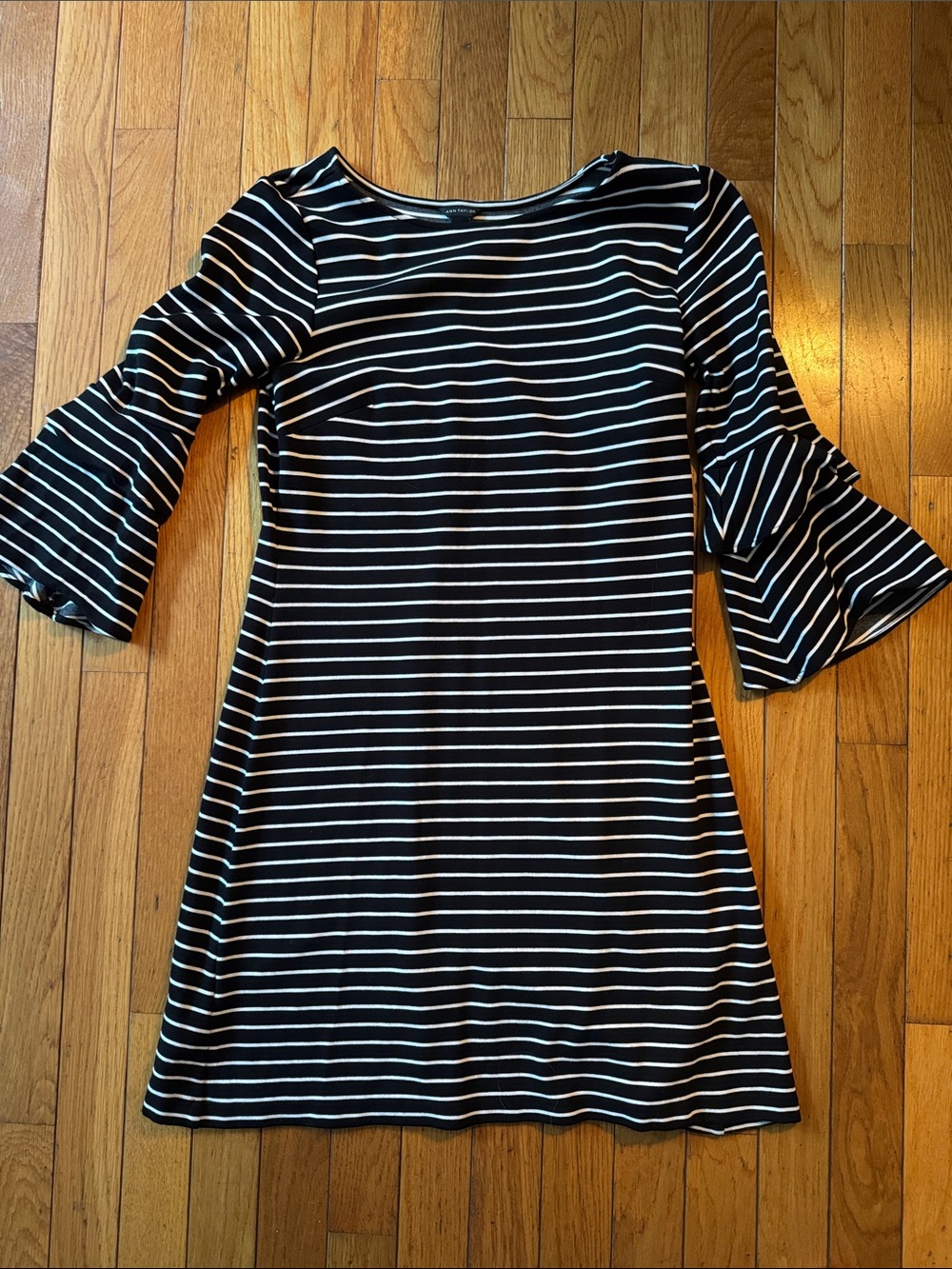 Ann Taylor Black and White Striped Bell-Sleeve Mini Dress